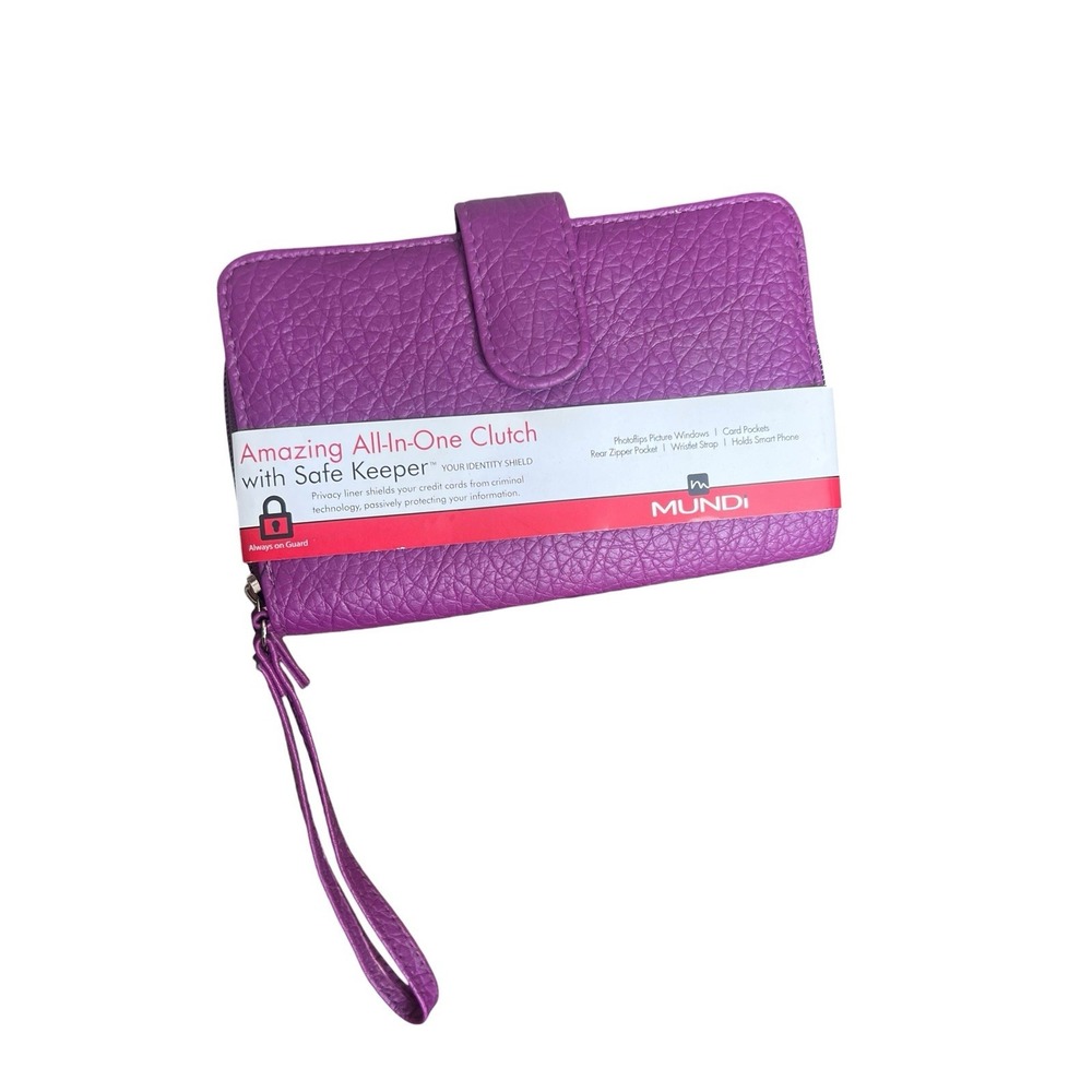 Mundi All In One Magenta Clutch Safe Keeper Zipper Photos Card Slots Wrist Strap